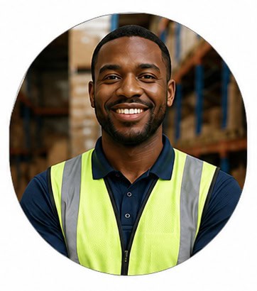Warehouse worker moving heavy rolls up stairs